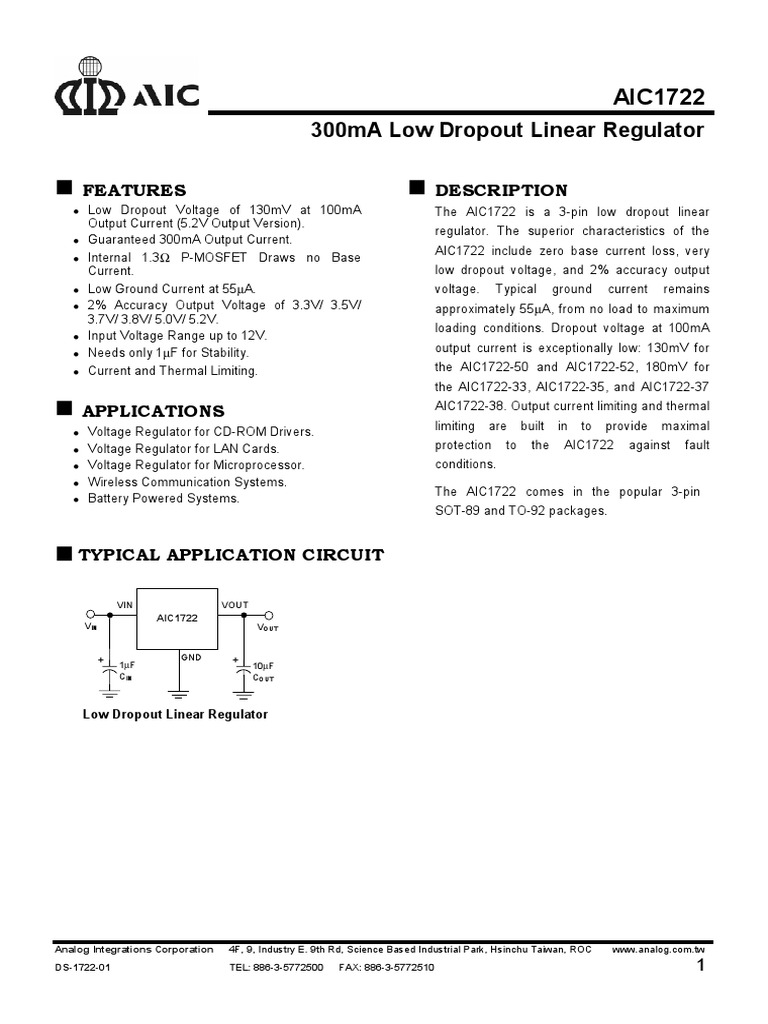 300ma Low Dropout Linear Regulator: Features Description | PDF ...