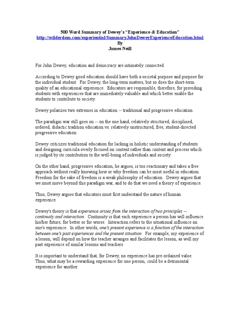 Summary of Dewey's Experience & Education | PDF | John Dewey ...