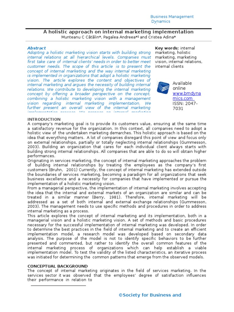 A Holistic Approach On Internal Marketing Implementation | PDF