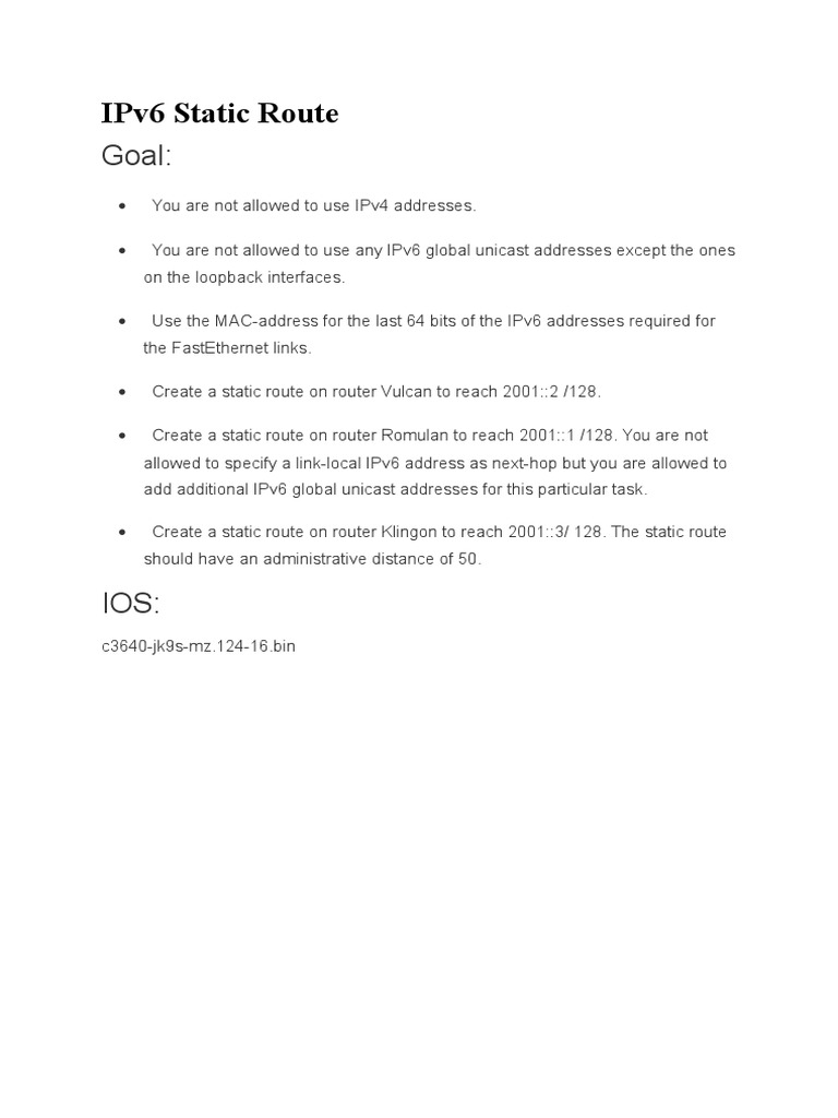 Ipv6 Static Route: Goal | PDF | I Pv6 | Network Protocols
