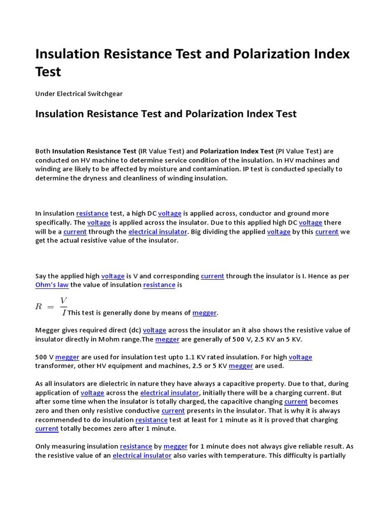 Insulation Resistance and PI Testing Guide | PDF | Insulator ...