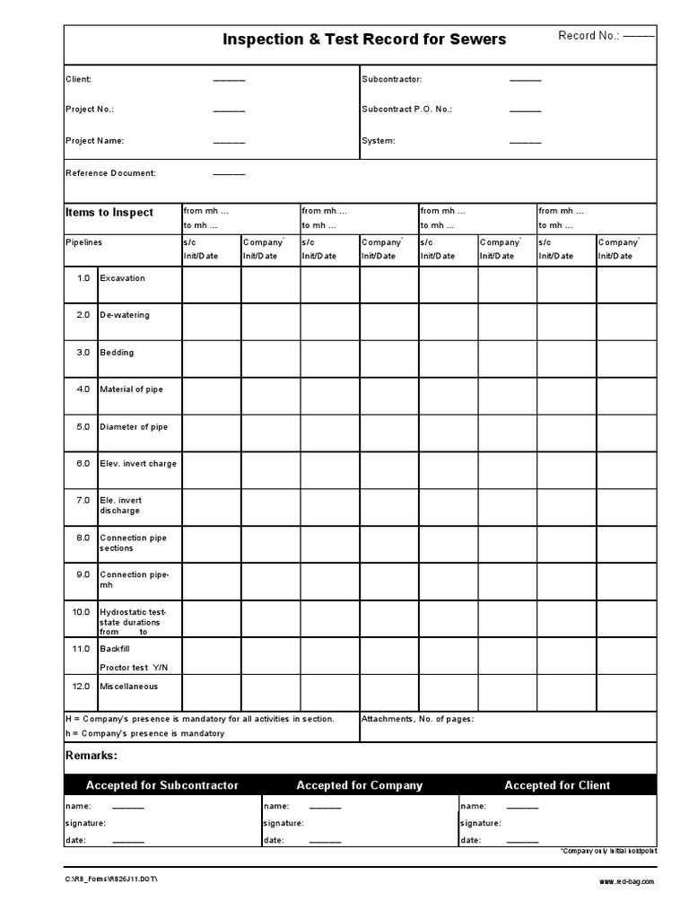 Sewer Inspection Test Record Template | PDF
