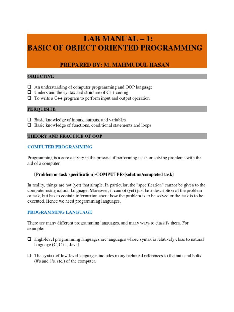 CPP - Lab Manual 1 - Basics of OOP | PDF | Object Oriented Programming ...