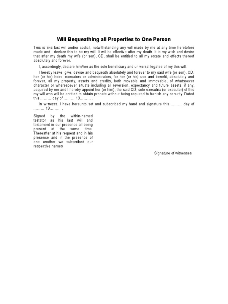 Sample Will Bequeathing All Property | PDF