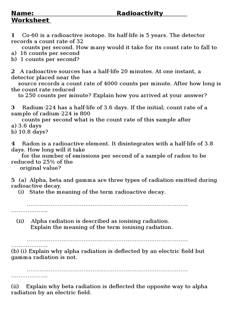 worksheet Radioactivity Worksheet radioactivity worksheet radioactive decay nuclear chemistry