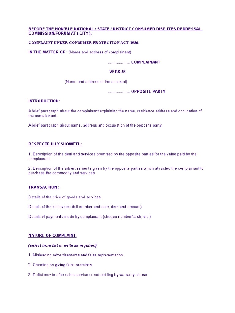 Consumer Forum Complaint Format PDF Invoice Complaint