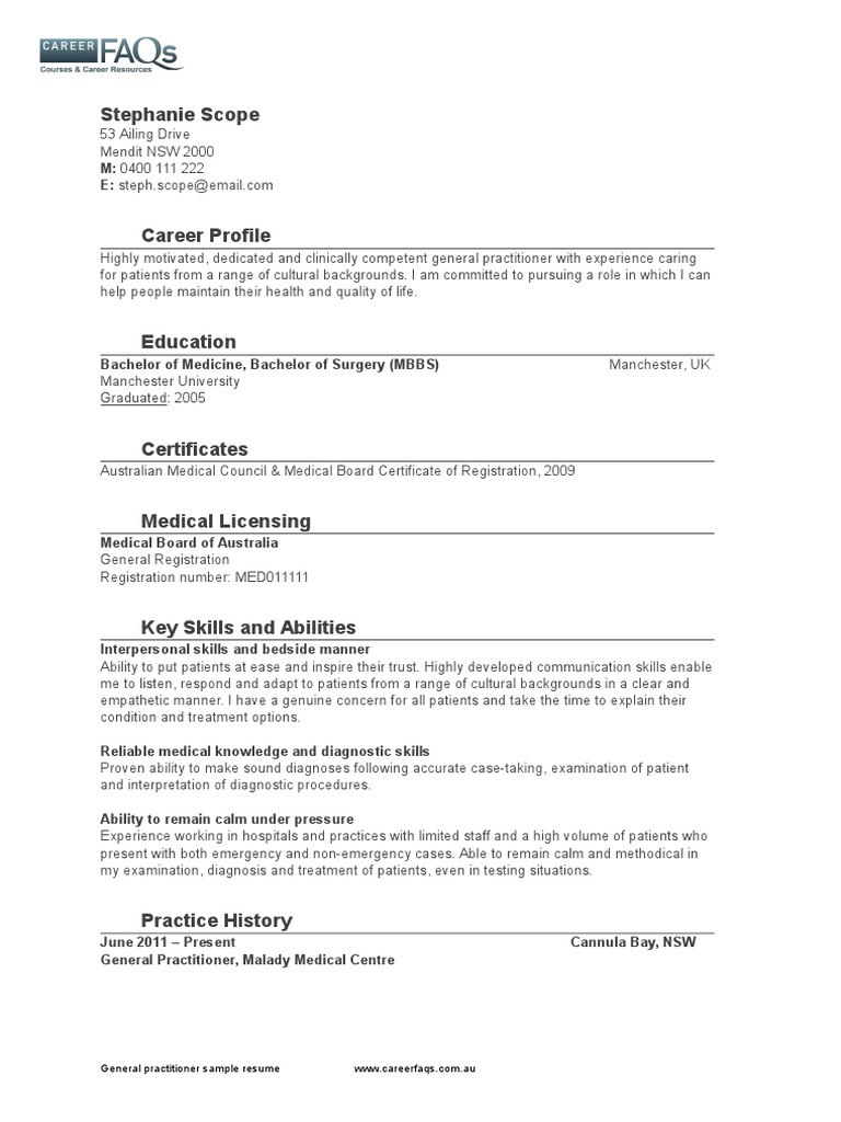 General Practitioner Sample Resume Medical