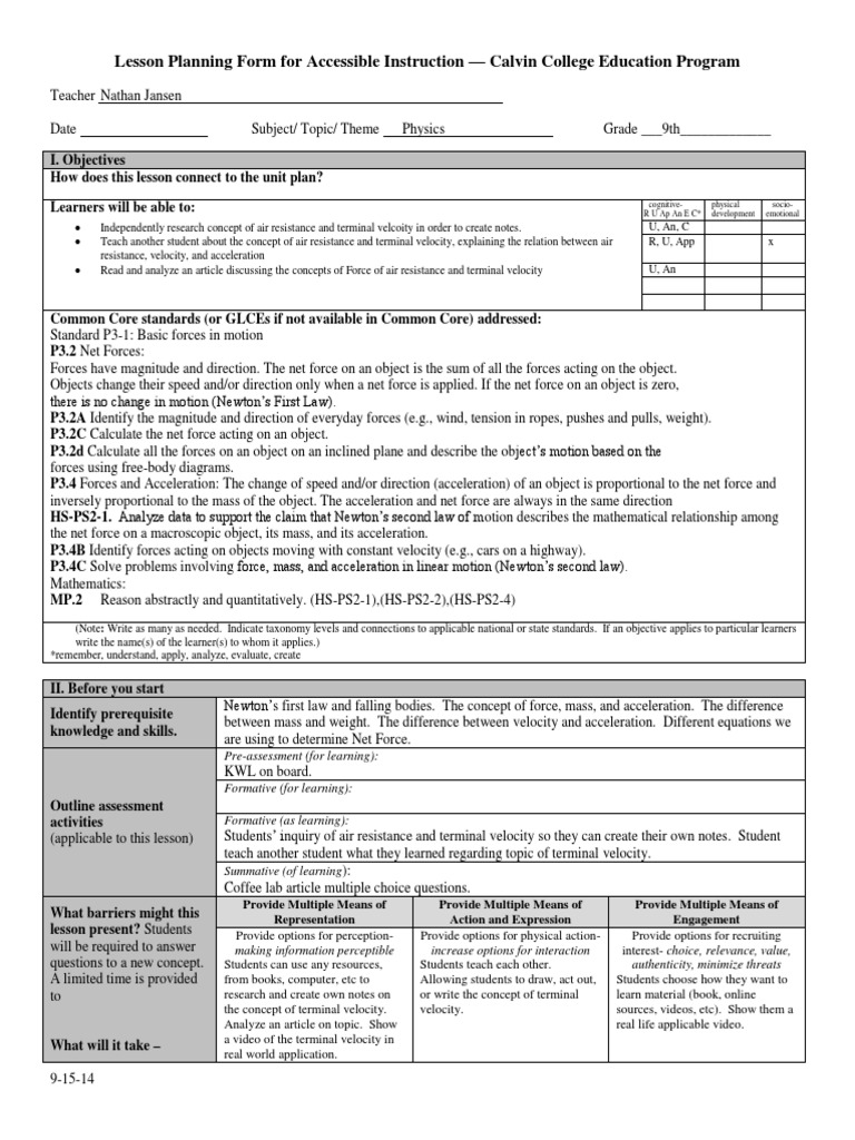 Relationship Between Kinetic Energy, Mass, and Speed - Student Lesson  Outline