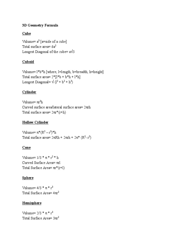 3D Geometry Formulas for Shapes | PDF