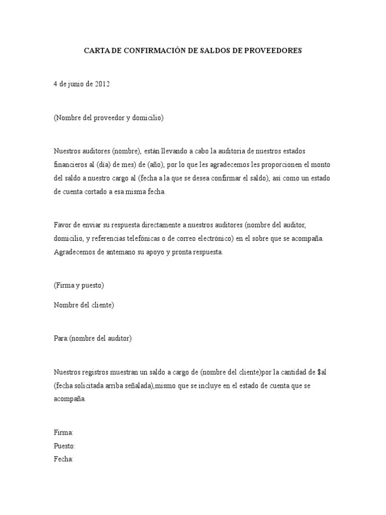 Carta de Confirmación de Saldos de Proveedores  Cheque  Economias