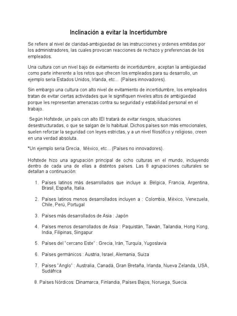 Cultura de Evitación de la Incertidumbre | PDF | Países nórdicos | Asia