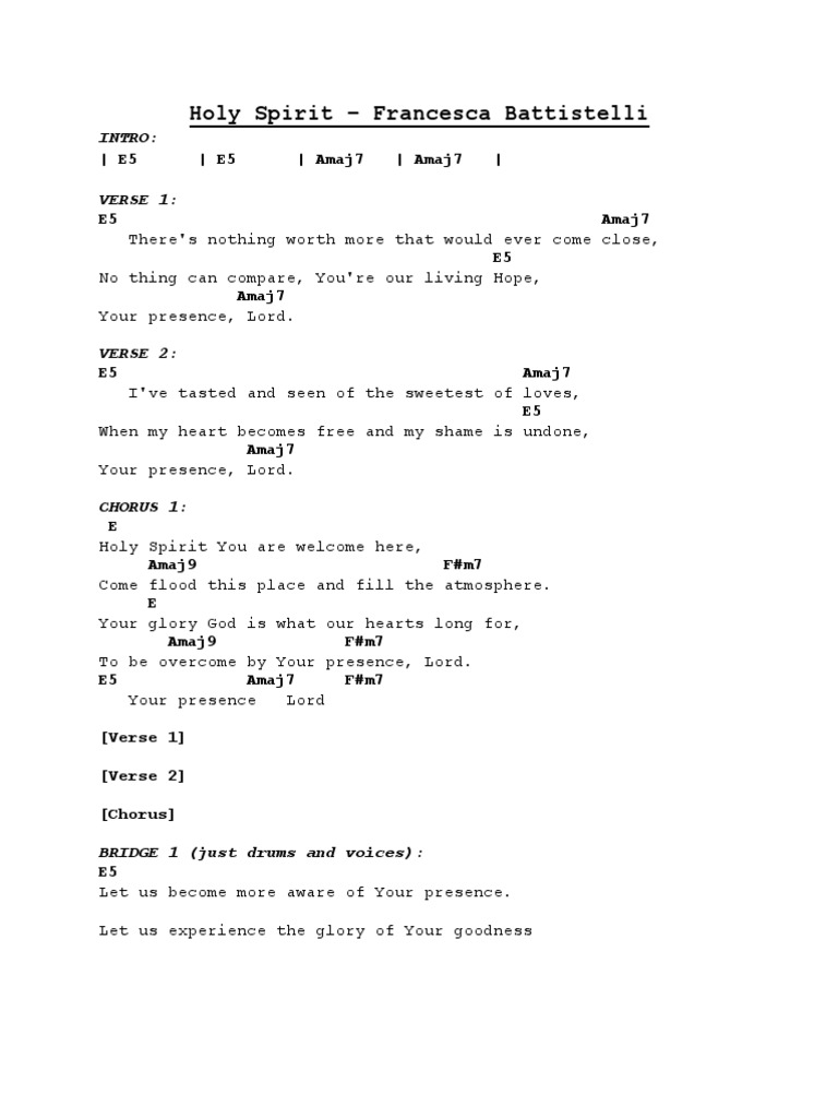 Holy Spirit Francesca Battistelli Chord Sheet Song Structure