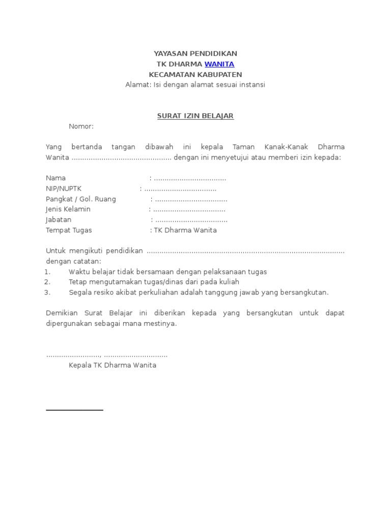 Contoh Surat Izin Belajar Yayasan