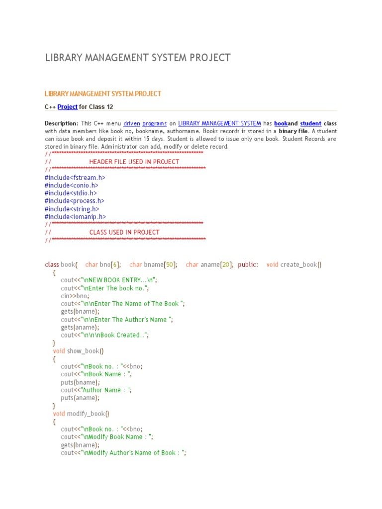 LIBRARY MANAGEMENT SYSTEM PROJECT C++ | PDF | System Software ...