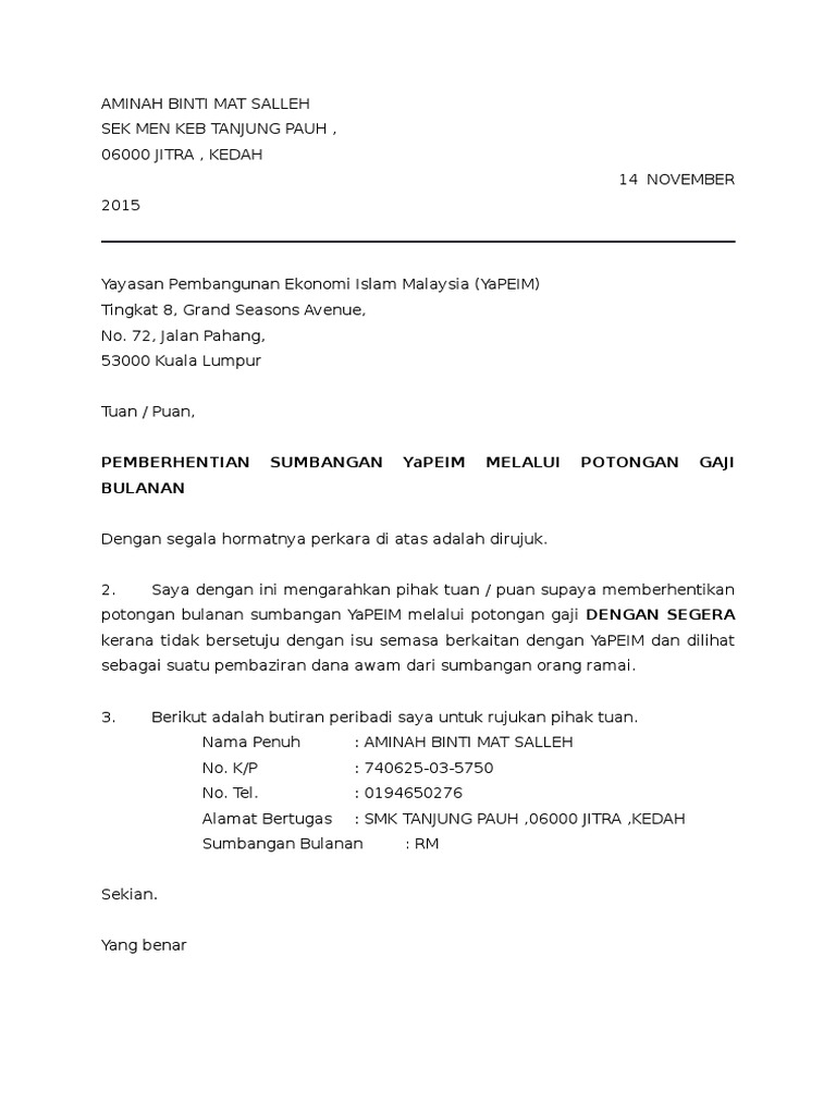 Contoh Surat Berhenti Potongan Gaji Yapeim Fuck0fu