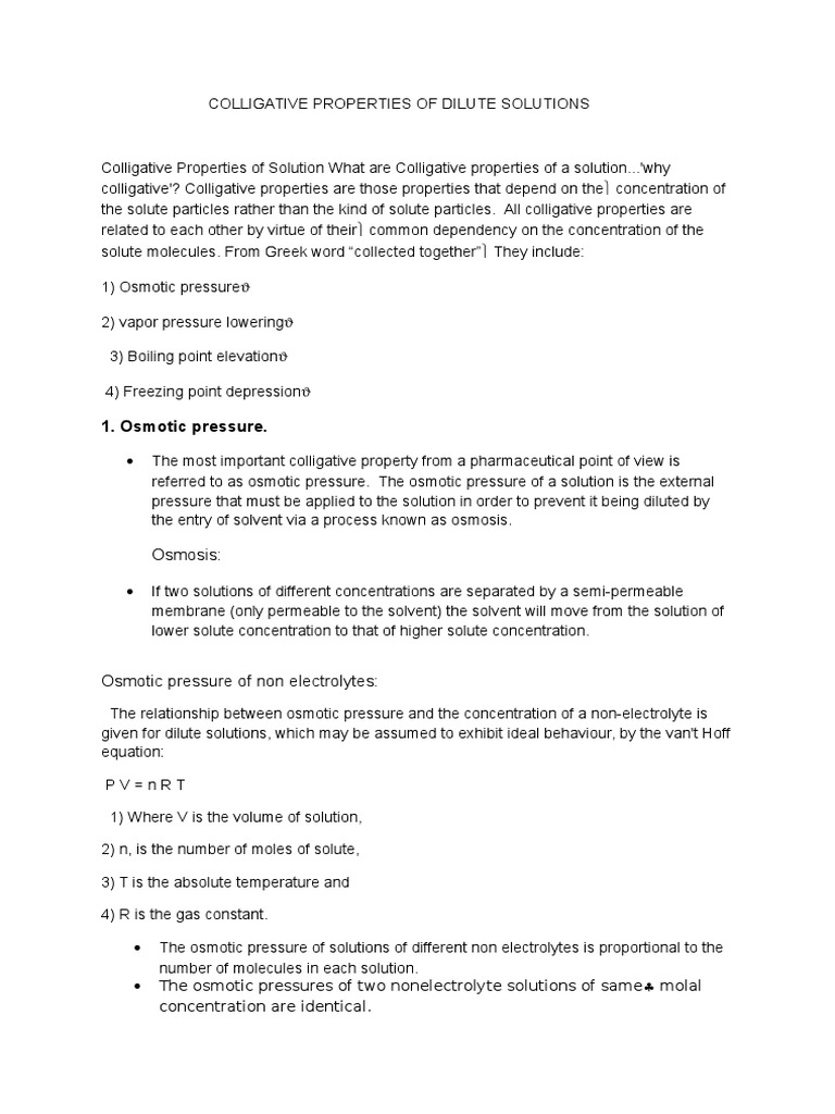 Colligative Properties of Dilute Solutions PDF Solution Phases Of