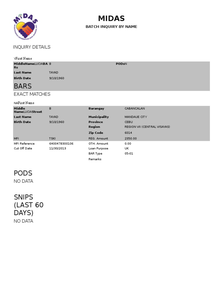 MIDAS Inquiry for Cabancalan, Mandaue | PDF