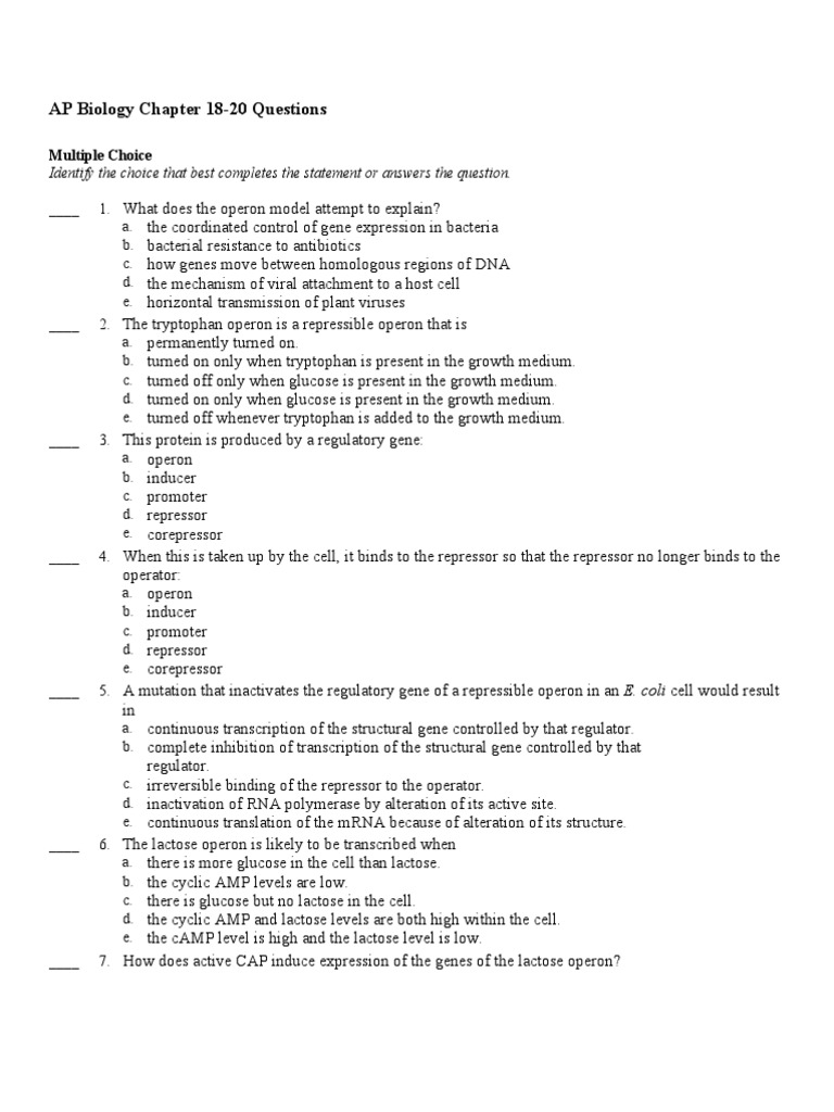 AP Bio CH 18-20 Take Home Final | PDF | Operon | Repressor