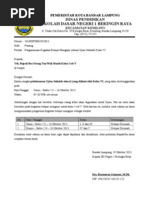 Contoh Surat Edaran Sekolah Pengumuman Libur Karena Ujian
