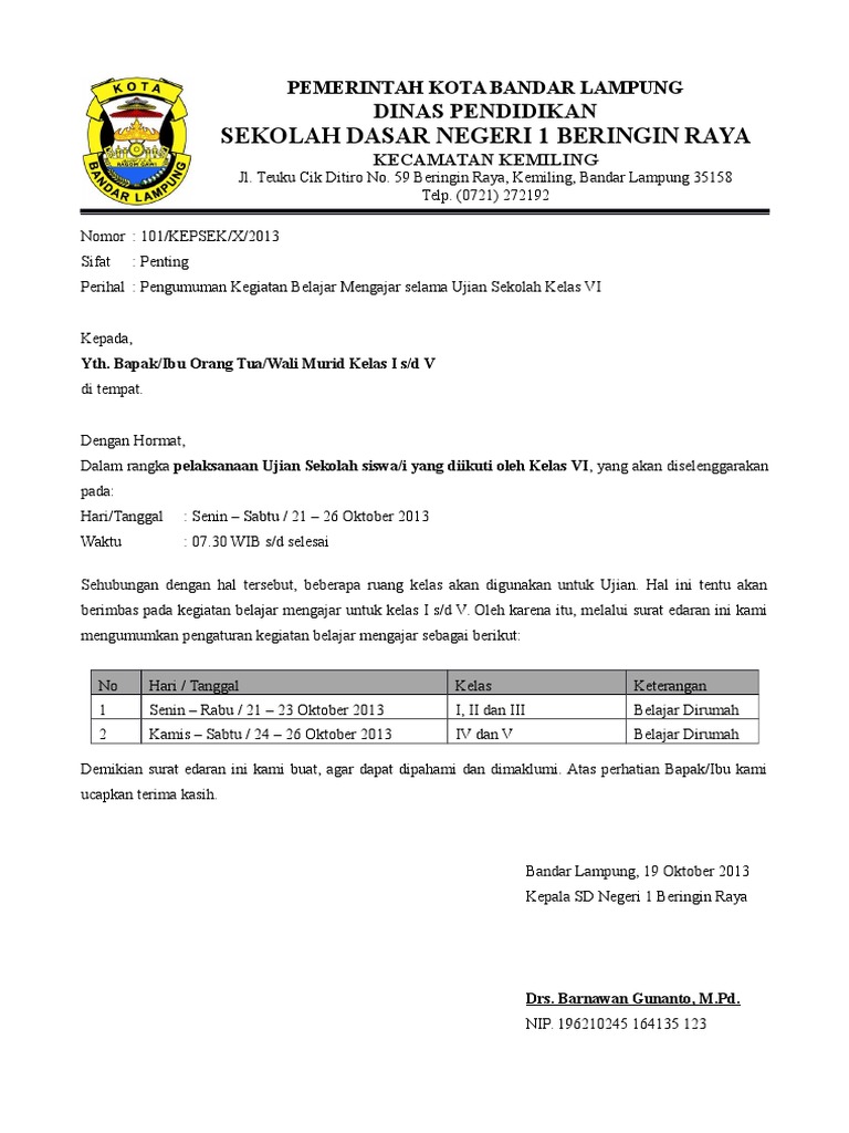 Contoh Surat Edaran Sekolah Pengumuman Libur Karena Ujian Sekolah