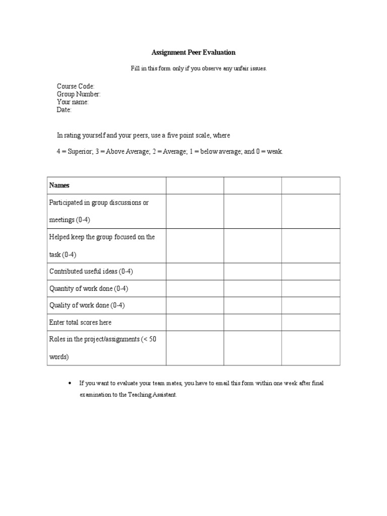Peer Evaluation Form for Group Assignments | PDF | Business
