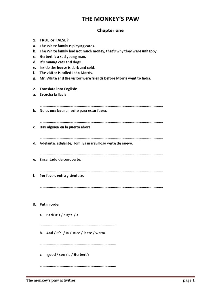 The Monkeys Paw Activities | Grammar | Language Mechanics