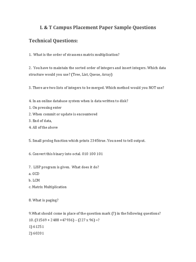L&T Campus Placement Sample Questions | PDF | Computer Data | Areas Of ...