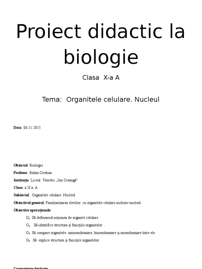 Proiect Didactic La Biologie Nr1 Pr2