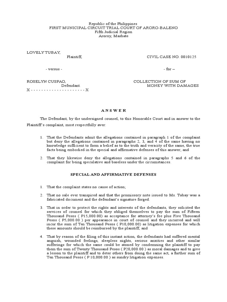 Answer to Civil Case No. 0010125 | PDF | Lawsuit | Complaint
