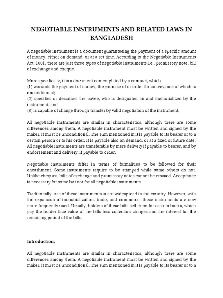 Negotiable Instruments and Related Laws in Bangladesh PDF Negotiable Instrument Cheque