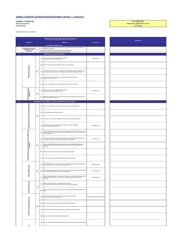 Pre-Award HSSE Questionnaire Template | PDF | Audit | Occupational ...