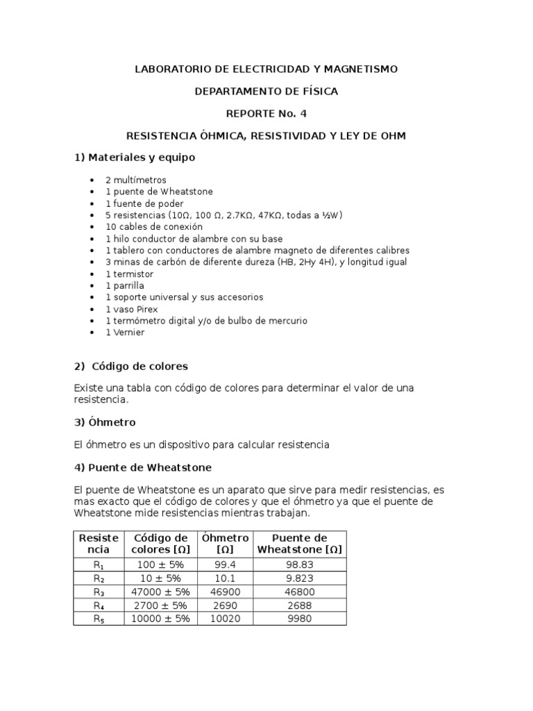Practica 4 Resistencia Óhmica, Resistividad y Ley de Ohm | PDF ...