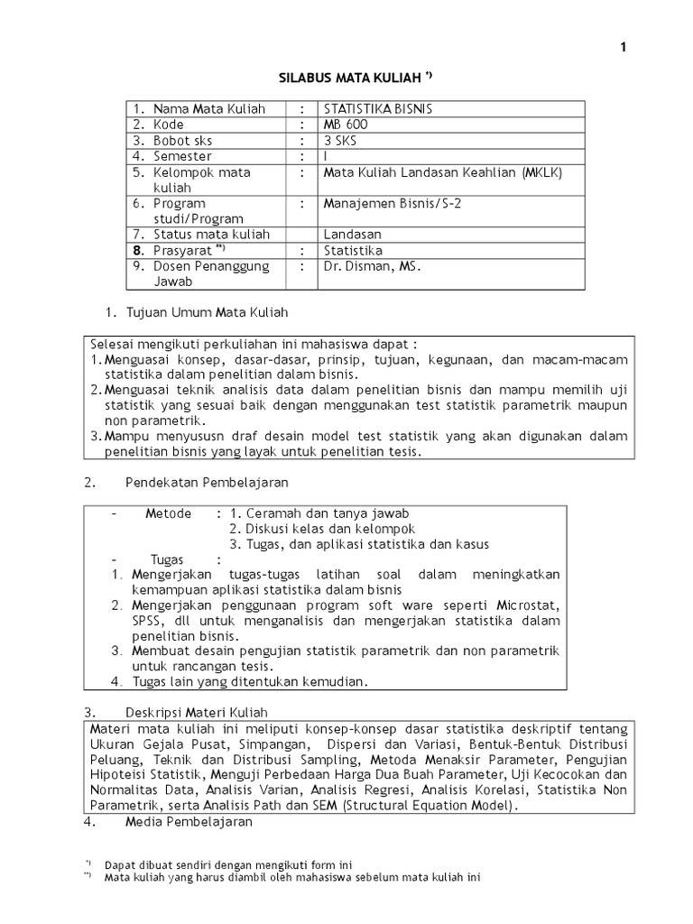 Form Silabus Mata Kuliah Statistika Magister Manajemen Bisnis