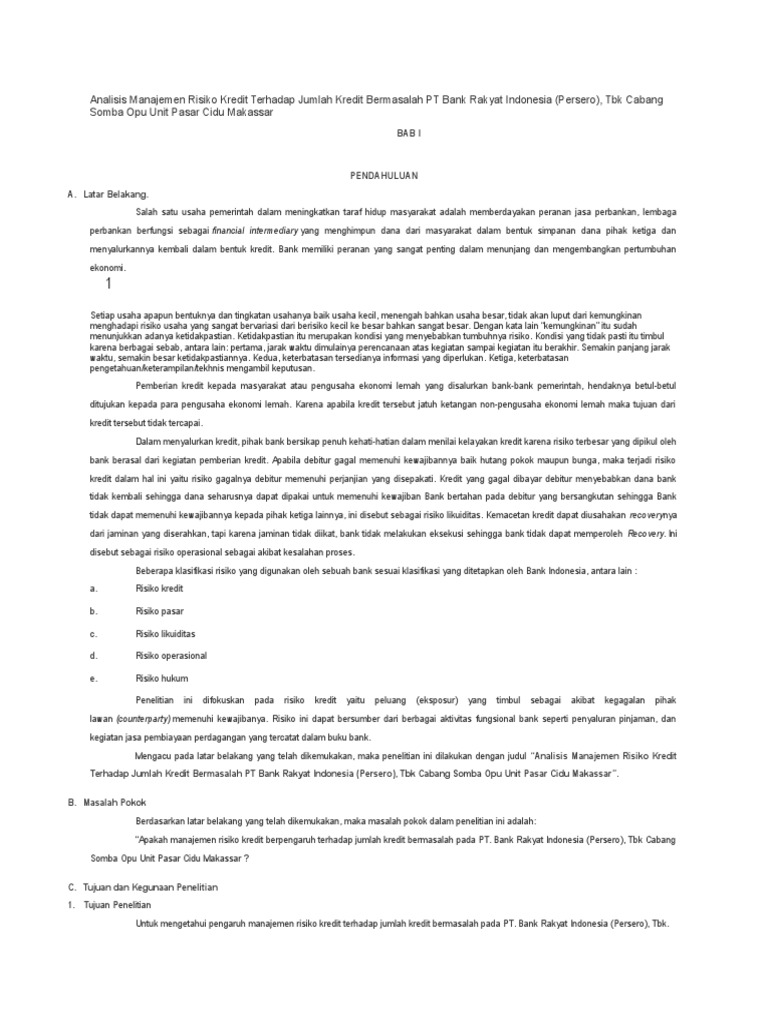 Analisis Manajemen Risiko Kredit Terhadap Jumlah Kredit Bermasalah Pt Bank Rakyat Indonesia Docx