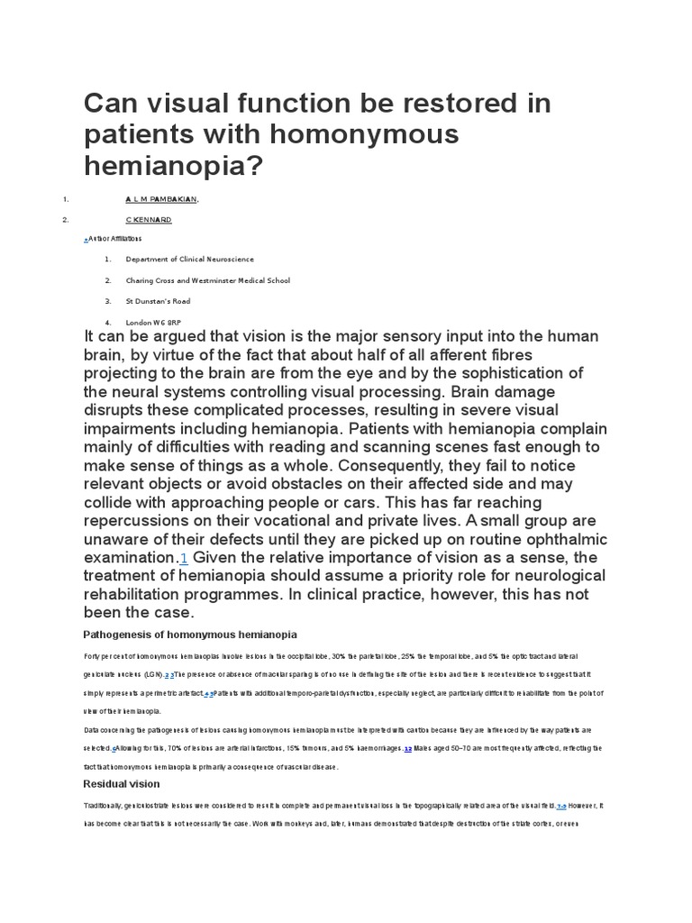 Hemianopia | PDF | Visual System | Visual Impairment