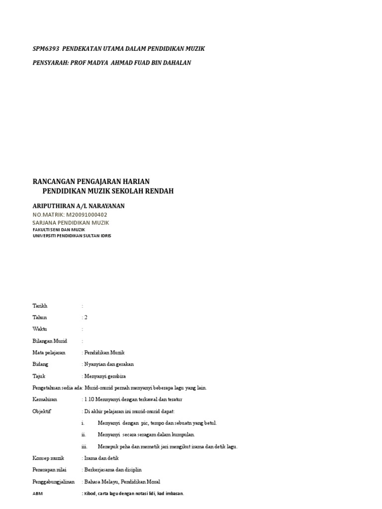 Rancangan Pengajaran Harian Pendidikan Muzik Sekolah Rendah Pdf