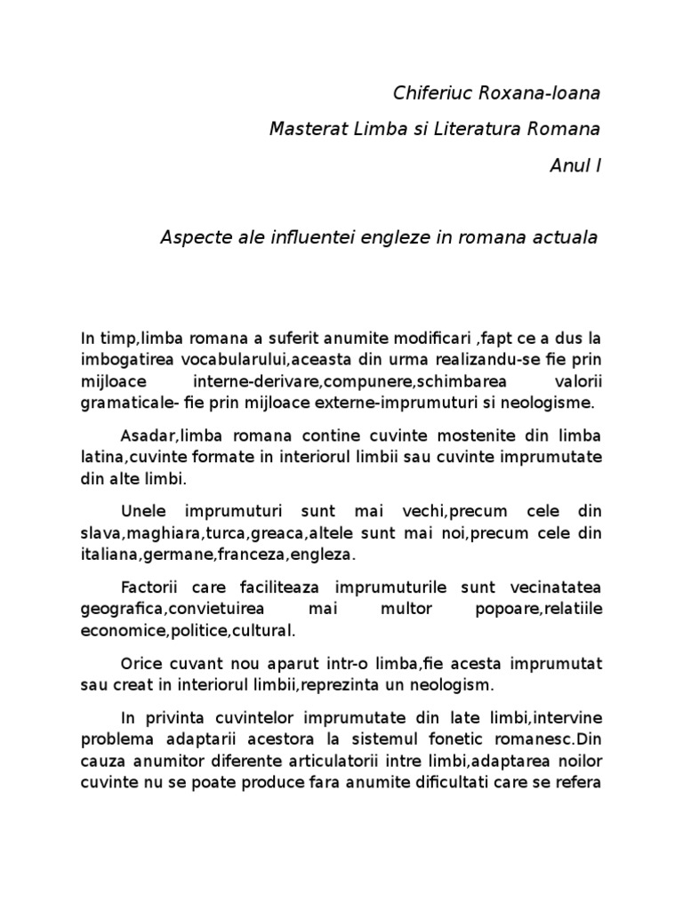 Aspecte Ale Influentei Engleze In Romana Actuala