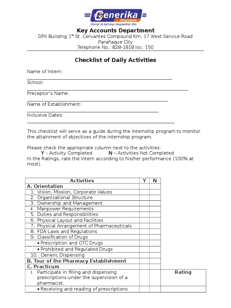 Pharmacy Internship Daily Checklist | PDF | Pharmaceutical Drug ...