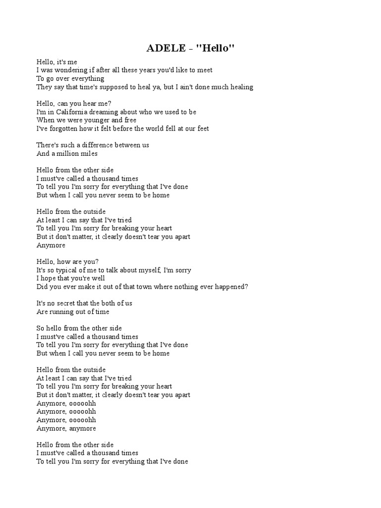 Adele Hello Lyrics Pdf