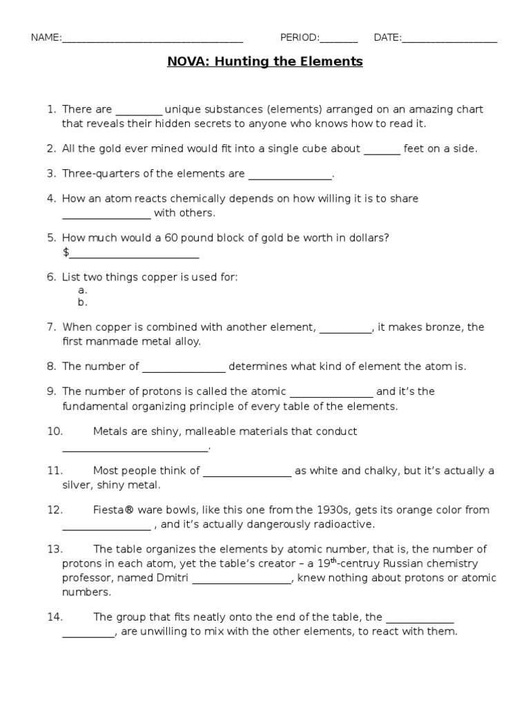 Hunting The Elements Video Questions Chemical Elements Atoms
