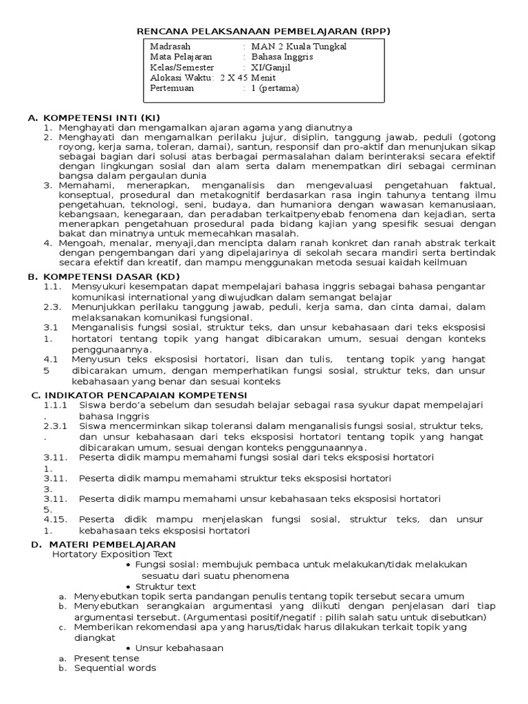 RPP K13 Bahasa Inggris Hortatory Exposition Text
