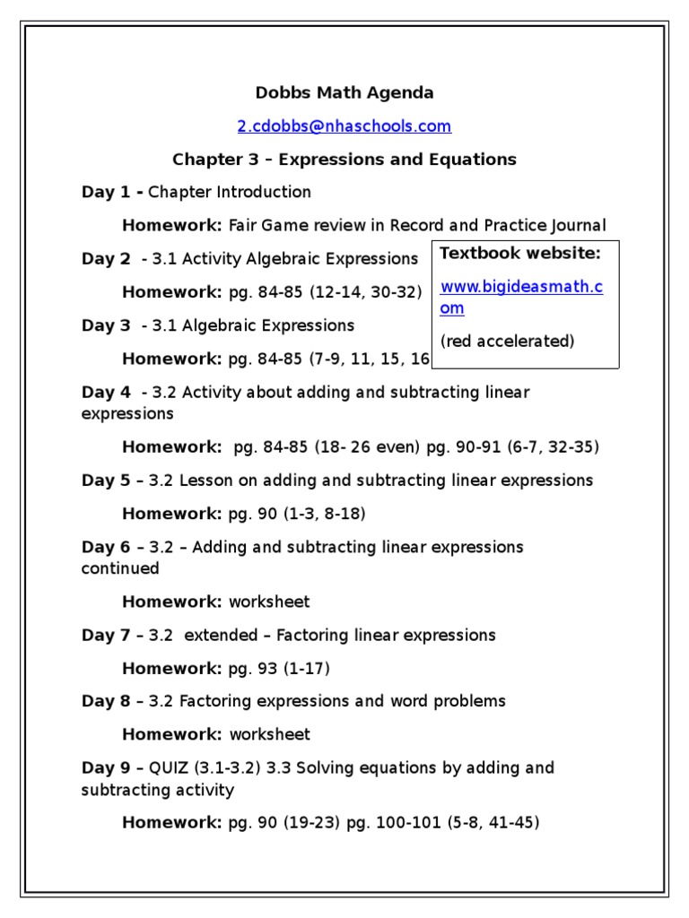 Dobbs Math Chapter 3 Agenda | PDF