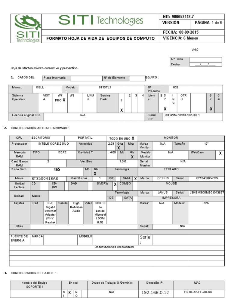 Formato Hoja de Vida Equipos de Computo 002 | PDF | Hardware de la ...