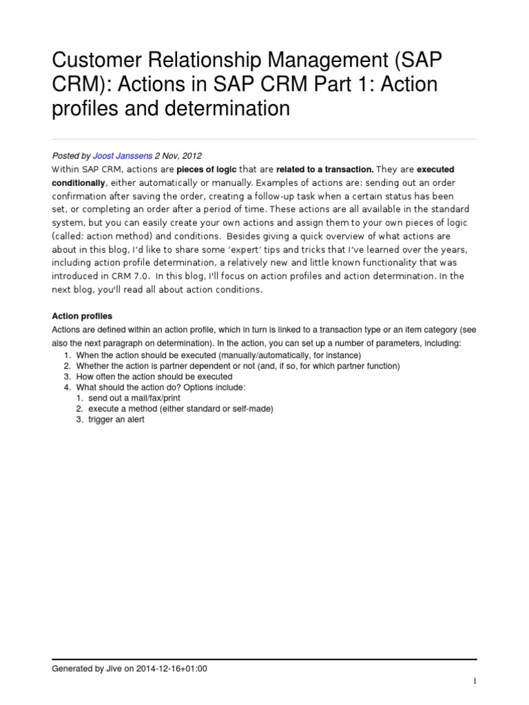 Action Profiles and Determination in SAP CRM | PDF | Customer ...
