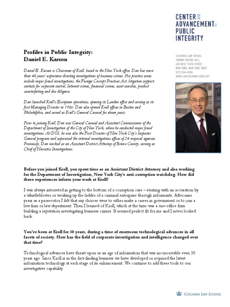 Daniel Karson: Kroll's Integrity Leader | PDF | Cybercrime | Corruption