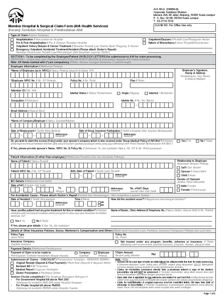 Borang Tuntutan Hospital & Pembedahan Ahli Member Hospital & Surgical