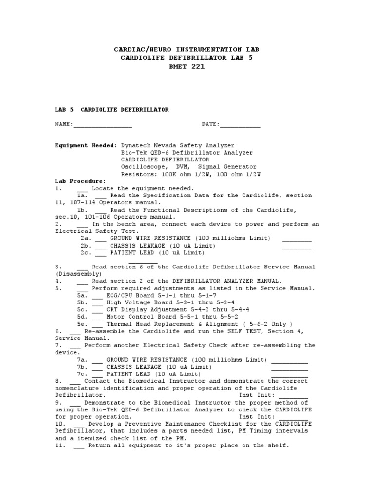 221 Cardiolife Defibrillator Lab5 PDF Electrical Resistance And