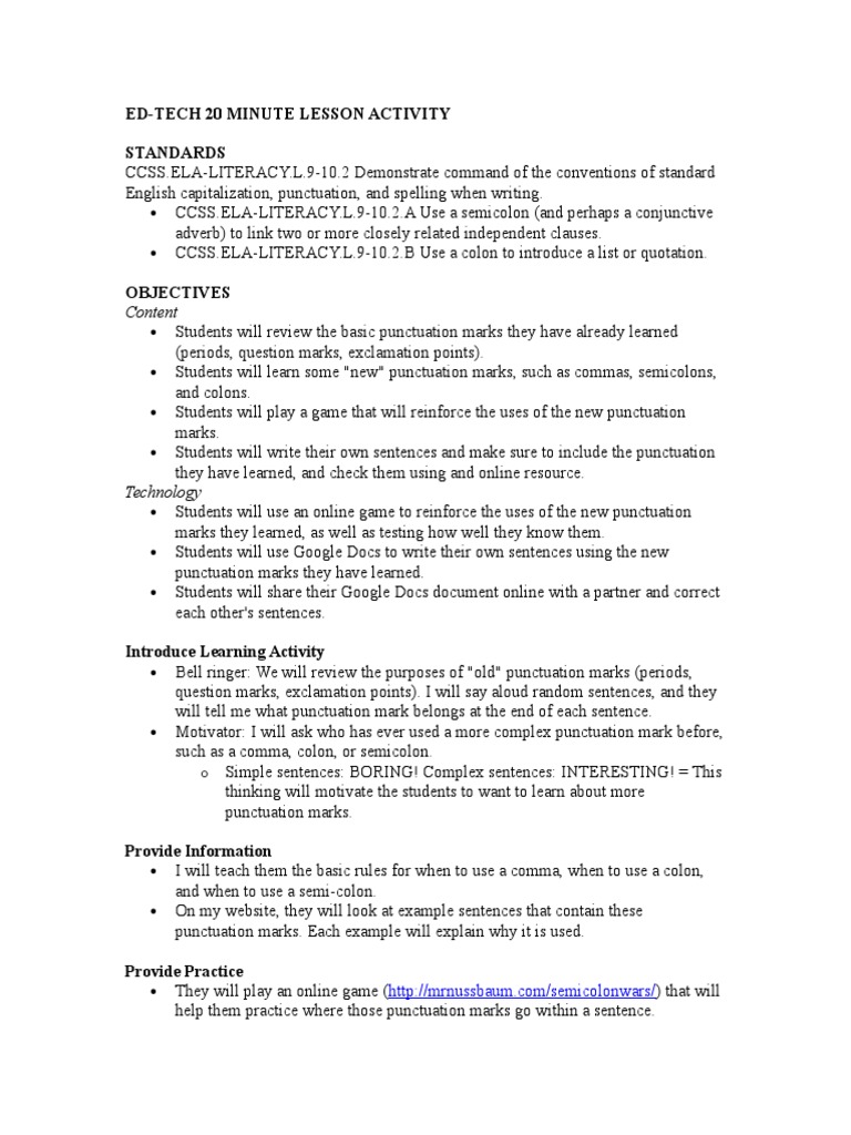 20 Minute Lesson Plan | PDF | Punctuation | Comma