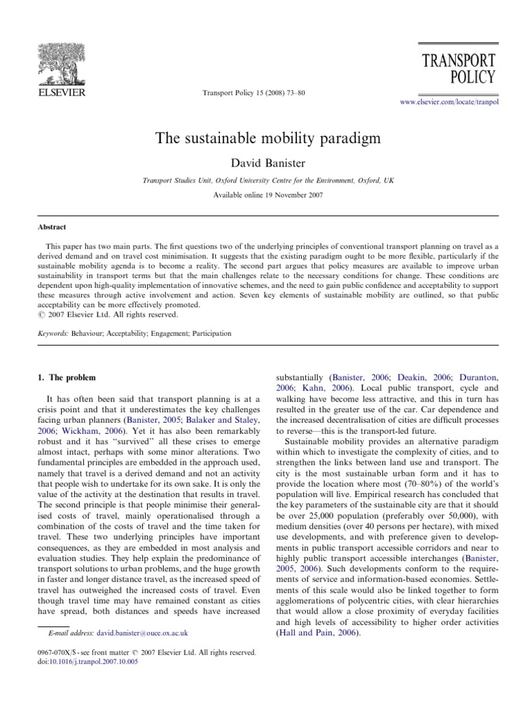 The Sustainable Mobility Paradigm David Banister Παραπομπή 6 | PDF ...