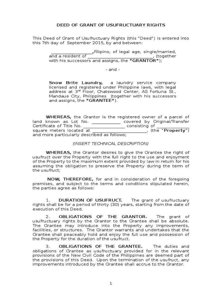 Deed of Grant of Usufructuary Rights | PDF | Deed | Common Law